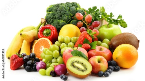 photo of various fresh vegetables and fruits in white background