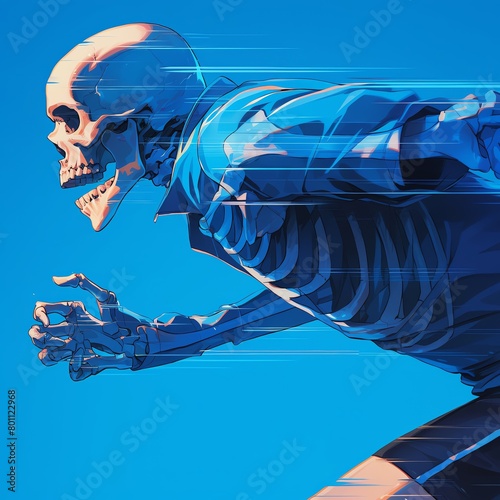 An actionoriented illustration showing an athlete s skeleton, each bone marked to indicate stress points during physical activity photo