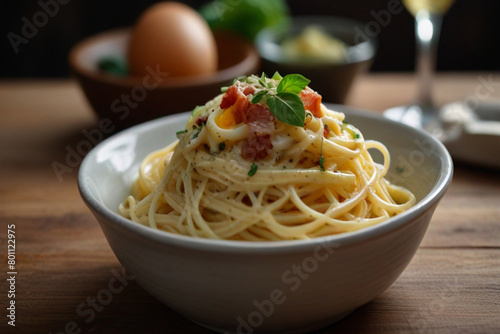 Carbonara pasta. Spaghetti with pancetta  egg  parmesan cheese and cream sauce. Traditional italian cuisine. 