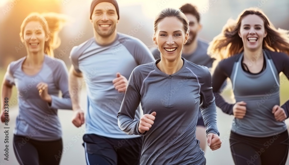 Friends in sportswear joyfully running in city at golden hour, creating a vibrant and active scene Friends in sportswear joyfully running in city at golden hour, creating a vibrant and active scene
