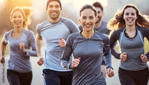 Friends in sportswear joyfully running in city at golden hour, creating a vibrant and active scene