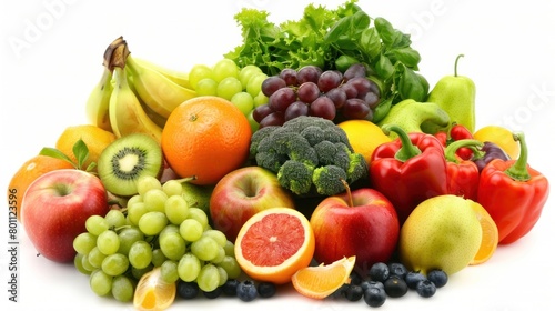 photo of various fresh vegetables and fruits in white background