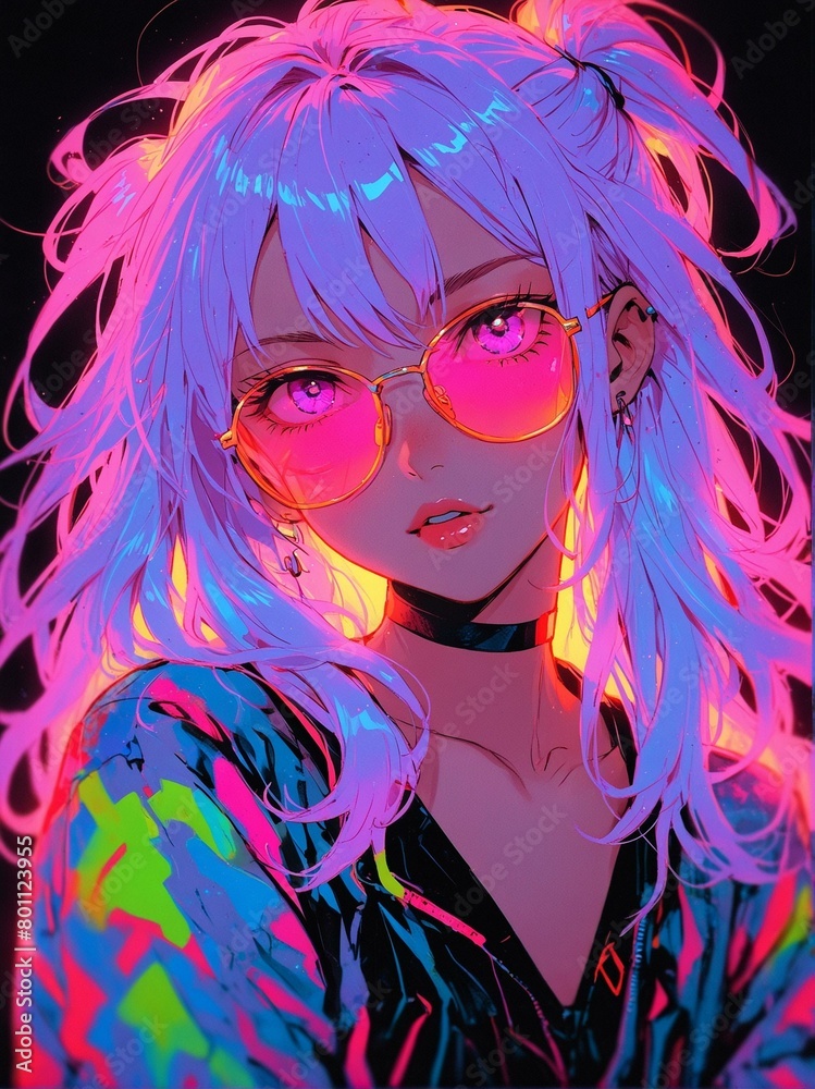 A striking silhouette of a female figure with vibrant neon colors and light effects on the hair, exuding energy