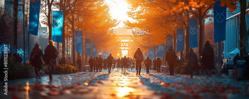 Panoramic view of the Olympic Village bustling with activity as athletes from around the world mingle and prepare .Header. a group of people are walking down a street at sunset photo