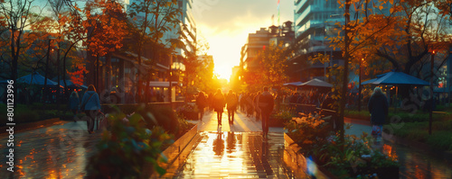 Panoramic view of the Olympic Village bustling with activity as athletes from around the world mingle and prepare .Header.A sunset stroll in the park  silhouettes against the fiery sky