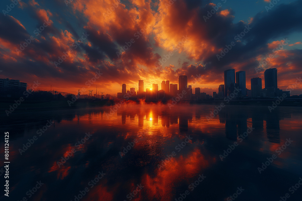 Sunrise over the city skyline, casting a golden glow on the Olympic Park and surrounding areas.City skyline reflected in water at sunset, under a colorful afterglow sky