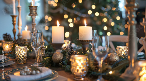 Table setting with candle holders and Christmas trees