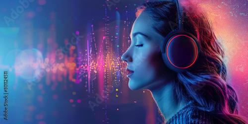 Beautiful young woman listening to music with headphones on abstract undulating background. Music concept.