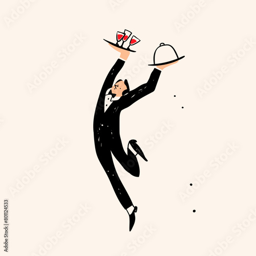 Waiter carrying tray with food and drinks. Cute cartoon character. Hand drawn Vector illustration. Isolated design element. Restaurant staff, service, professional kitchen, cooking, food concept