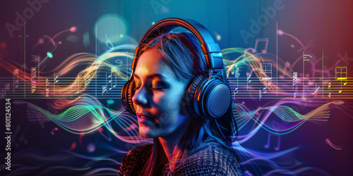 Young woman wearing headphones listening to music and dancing on an abstract musical colored background