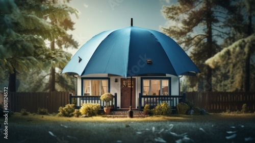 Home insurance and protection   featuring a family house secured under an umbrella   symbolizing safety and security against potential risks and damages