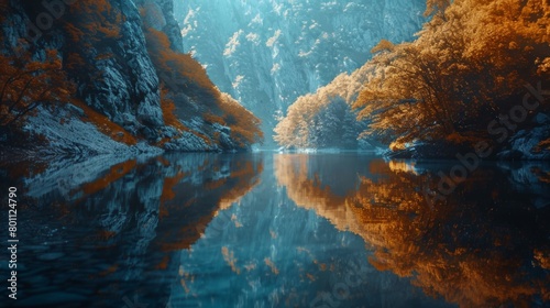 Serene autumn landscape reflected in the still waters of a mountain lake.