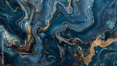 Blue and gold marble background. Generative AI.