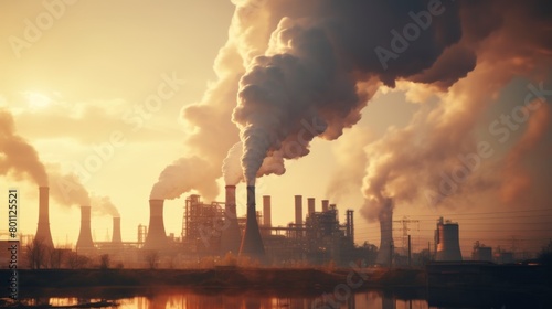 Industrial power plant with thick CO2 smoke from chimney. Pollution and carbon dioxide emissions footprint from fossil fuel burning. Global warming cause and urban environment problem from factories