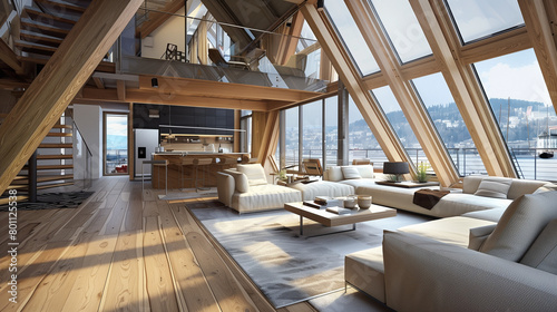 interior of a restaurant. Upscale Living: Explore the Interior of a Modern Luxury Attic Loft Apartment in 3D