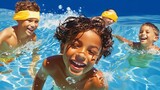 Children splashing and playing in outdoor pool