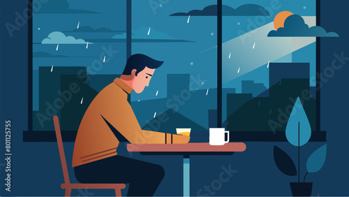 In a cozy coffee shop a man stares out the window as rain gently patters against the glass inspiring him to pen a melancholic poem about lost love..