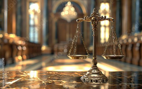 Hyper-realistic close-up of golden scales of justice with a slight tilt, set against a backdrop of a grand courtroom, symbolizing the delicate balance of the legal system
