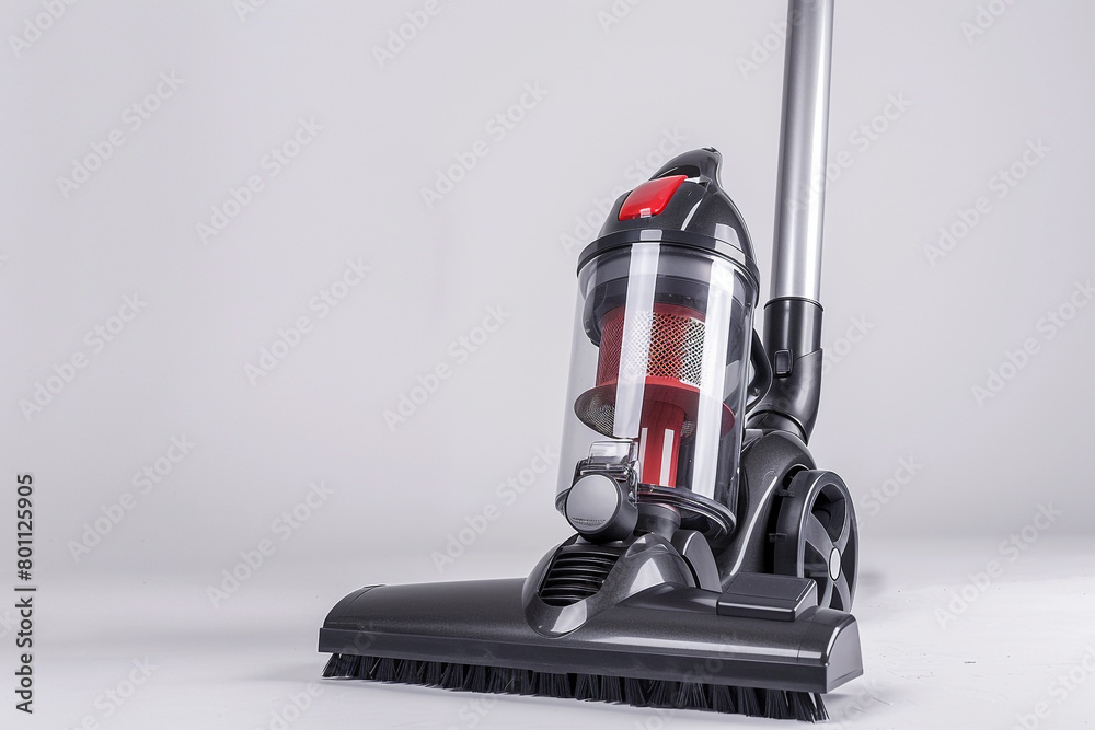 A powerful upright vacuum cleaner with a self-adjusting cleaner head and a tangle-free brush roll isolated on a solid white background. A powerful upright vacuum cleaner with a self-adjusting cleaner head and a tangle-free brush roll isolated on a solid white background.
