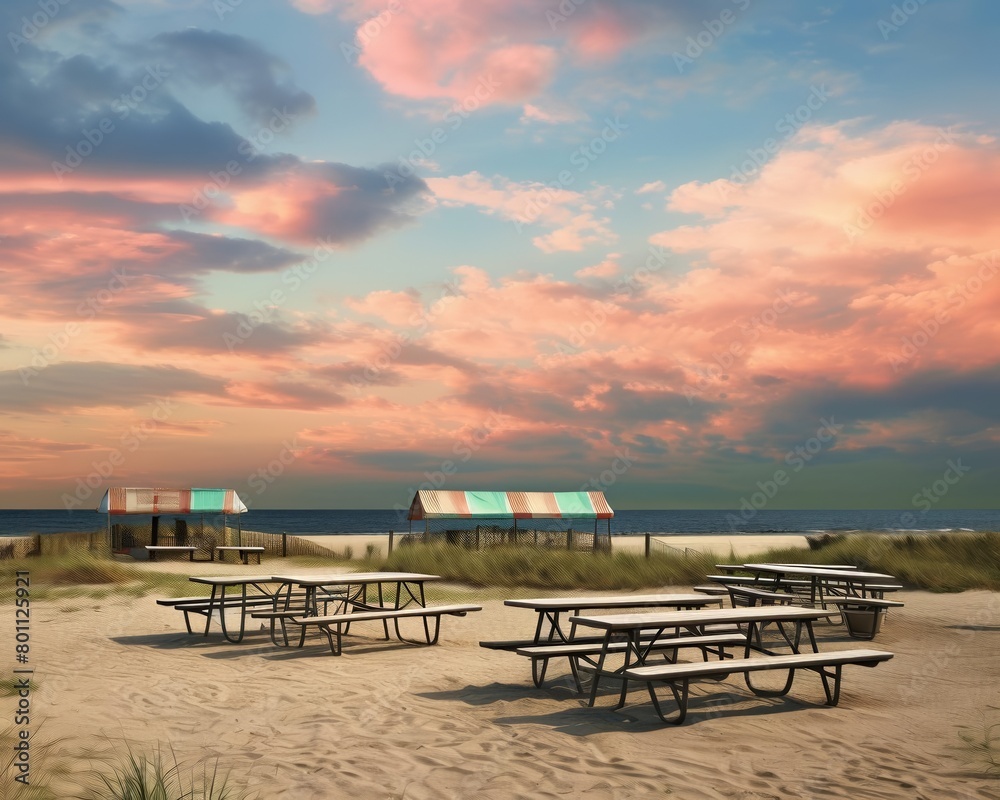 A beach with a pink sunset and wooden picnic tables.