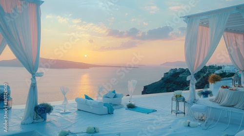 Seaside celebration area in Santorini  white drapes and blue floral accents matching the sea  unoccupied as the sun sets