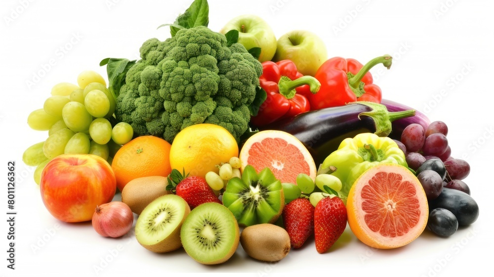 photo of various fresh vegetables and fruits in white background