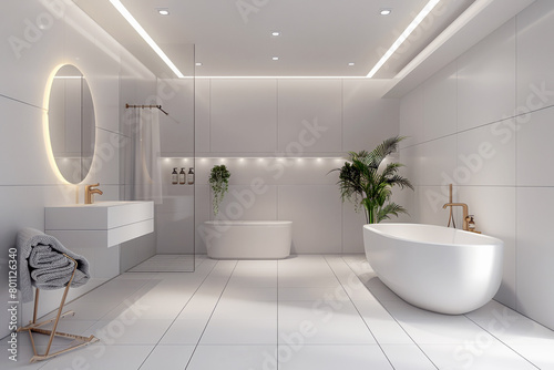 Modern bathroom interior with white tiled walls  tiled floor and white bathtub.