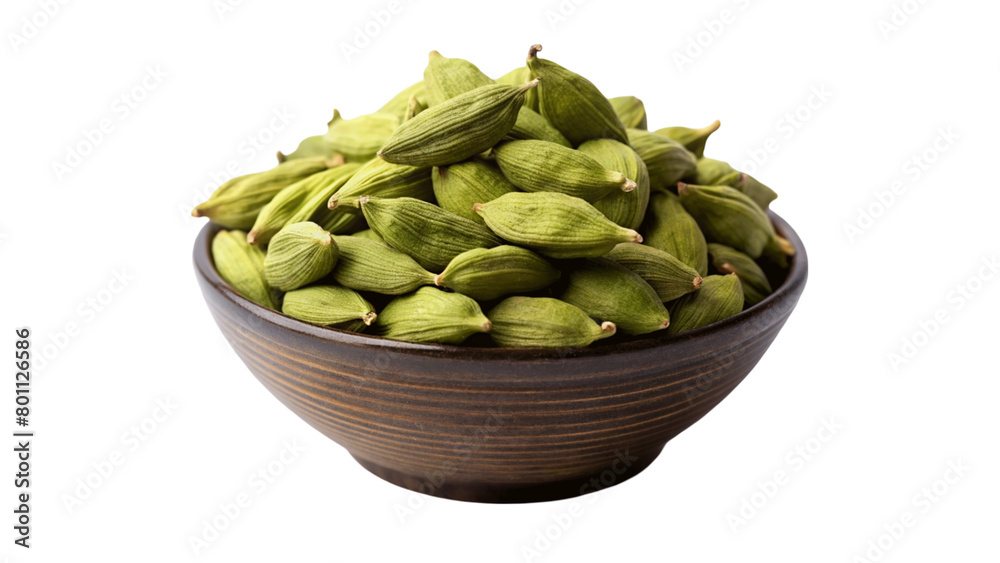 Green cardamom pods in a bowl isolated on Transparent background. Green cardamom pods in a bowl isolated on Transparent background.