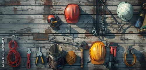 close up shot of Standard construction safety equipment on rustic wooden background photo