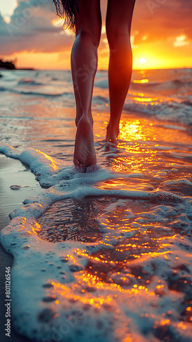 Walking on the beach at sunset time, beautiful female legs © innluga