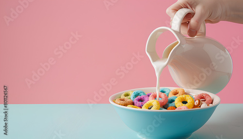 Female hand pouring milk from pitcher into bowl with colorful cereal rings on blue table on pink background