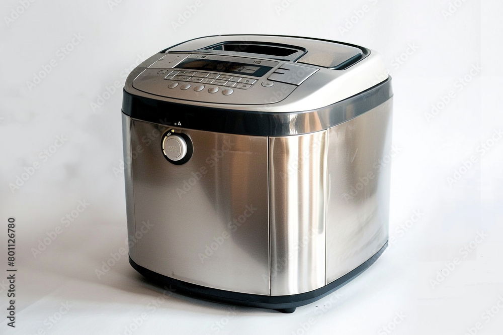 A professional-grade bread maker with a stainless steel body and a variety of bread size options isolated on a solid white background. A professional-grade bread maker with a stainless steel body and a variety of bread size options isolated on a solid white background.