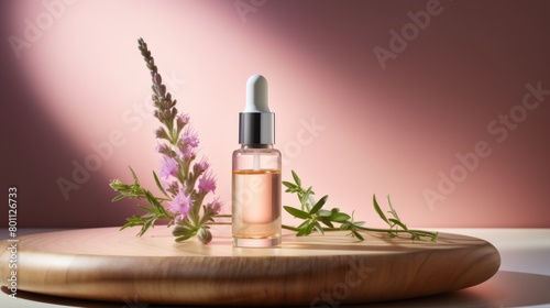 A single eco - friendly skincare oil bottle with a dropper, presented on a pedestal with a botanical accent, against a soft pink and white background