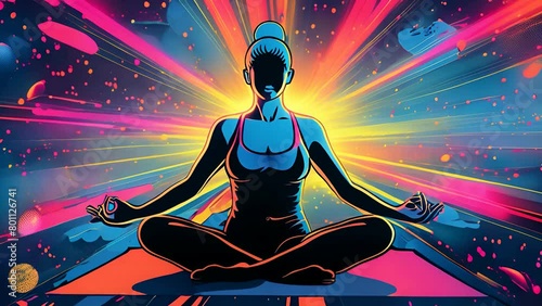 woman yoga session, serene poses against a backdrop of explosive colors, pop art comic style photo