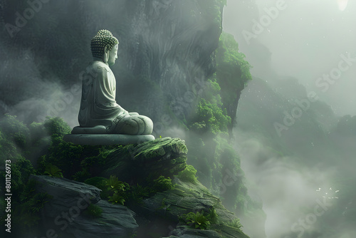 Buddha statue on the hill and foggy forest backgound. Concept template for spa advertising  travel to Buddhist countries  cultural study with copyspace