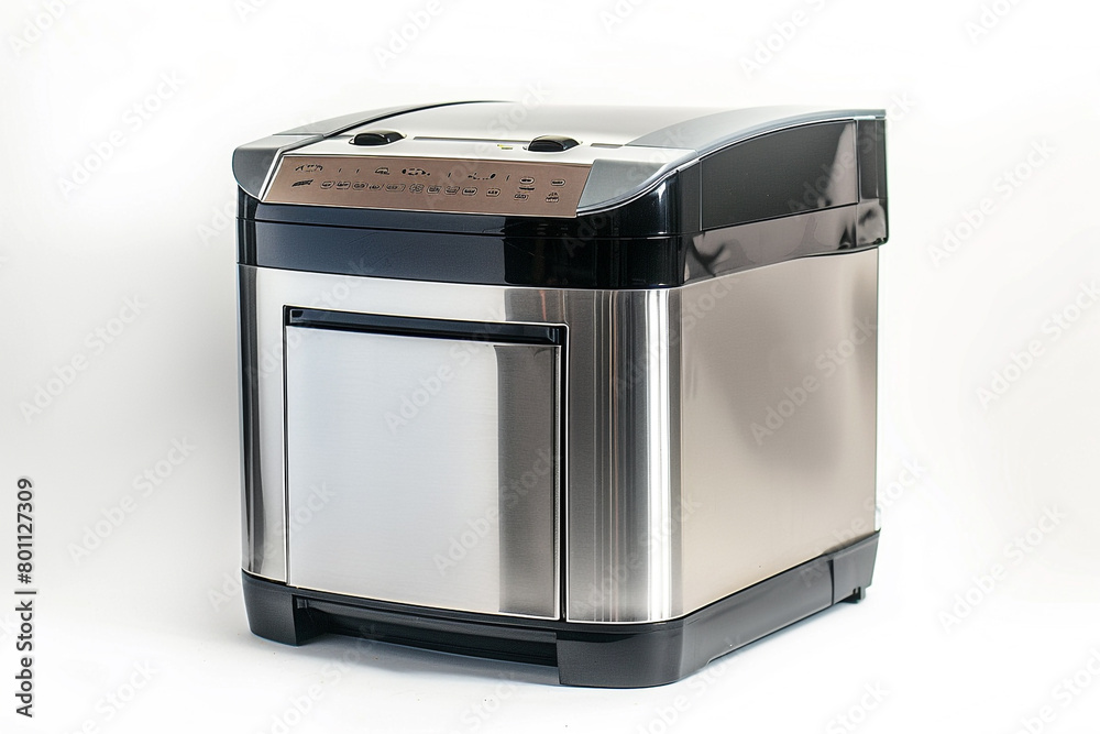 A professional-grade bread maker characterized by a stainless steel body and a variety of bread size options isolated on a solid white background. A professional-grade bread maker characterized by a stainless steel body and a variety of bread size options isolated on a solid white background.