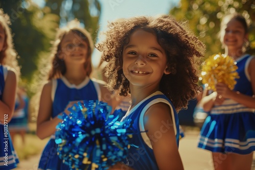 AI-generated illustration of young girls cheerleaders in blue outfits © Wirestock