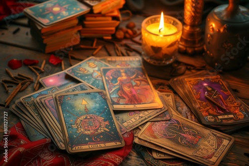 AI-generated illustration of Tarot cards and a candle on a table