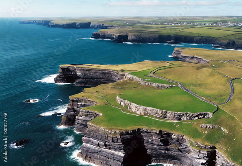 'Atlantic rugged natural cliff Top blue Atlantic wild ocean Clare Irish edge view beauty coastline Co Kilkee Epic wayThe aerial Irish Cliffs Seascape View Road Aerial Top Nature Cliff Scenic Mountain' photo