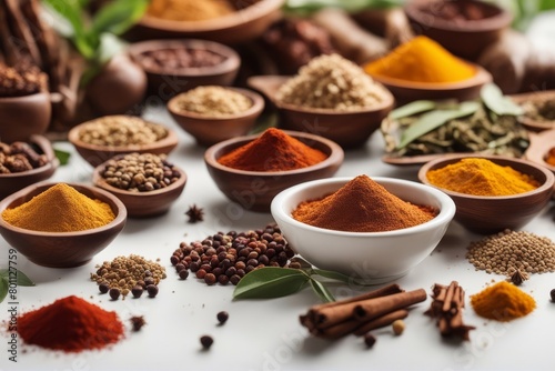  beautiful composition fferent aromatic spices white background aroma asian assortment bowl chili collection condiment cook cooking cookery culinary delicious different dried dry flat favor food 