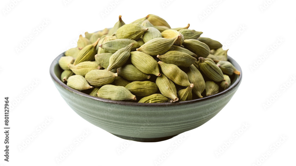 Green cardamom pods in a bowl isolated on Transparent background. Green cardamom pods in a bowl isolated on Transparent background.