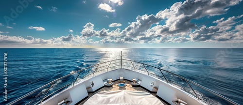 view from the bow of a luxury yacht, sea horizon with blue sky and clouds. photo