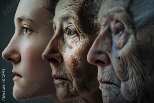 AI-generated illustration of women at different ages, aging, passing of time