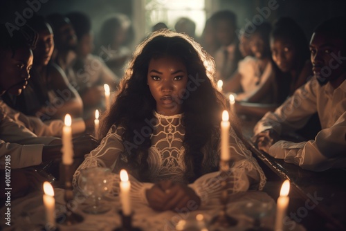 AI-generated illustration of a young African woman in a lace dress surrounded by candles