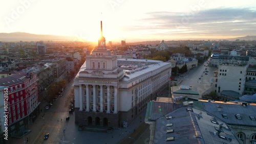 Aerial drone shot of the National Assembly in Sofia. High angle footage of Independance Square , the Presidency Bulgaria and the Counsil of Ministers of Bulgaria.
 photo