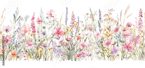 Lush wildflower watercolor border illustration. Seamless file.