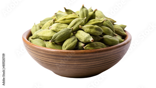 Green cardamom pods in a bowl isolated on Transparent background.