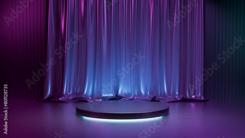 Podium for product display animation. satin fabric curtain, 3d render, realistic style. Beautiful neon colors, dark background. template for showcase, presentation. Looped motion graphics, platform