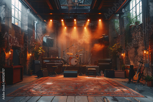 A warmly lit stage in a concert space with musical instruments, moments before the perfomance of a band