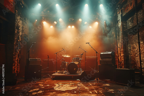 Empty concert stage with musical instruments awaits the performance of a band, moments before the show begins